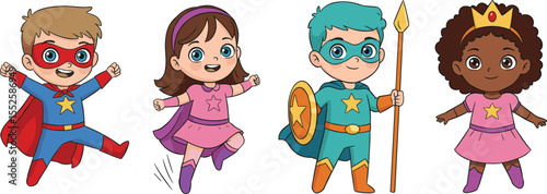 Superhero kids costume illustration, fantasy character children, brave little heroes with cape, cartoon girl and boy in action, fun superhero outfit vector design
