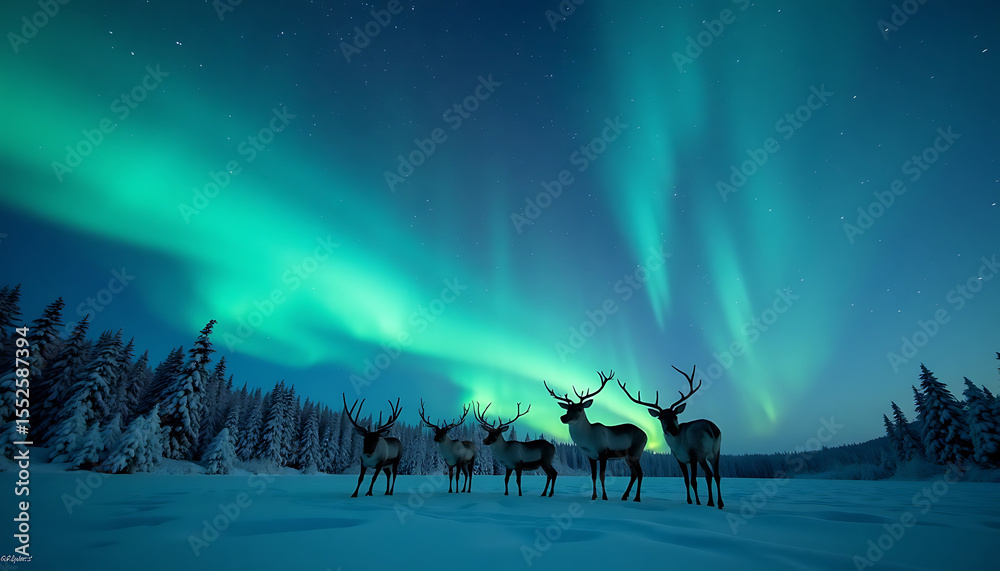 Fototapeta premium Magnificent Aurora Borealis Displaying Over Reindeer in a Snow-Covered Landscape