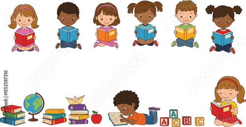 Group of diverse children reading books with school supplies, cartoon style illustration, education concept, kids learning, early literacy, classroom reading time, isolated vector
