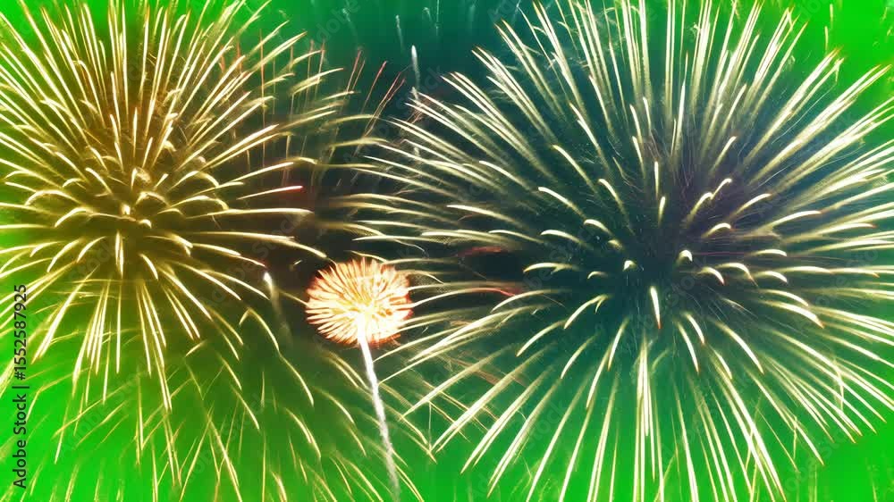 Colorful fireworks explosion on green screen with sparkling particles and glowing trails, perfect for celebration overlays, festive intros, or New Year video transitions.