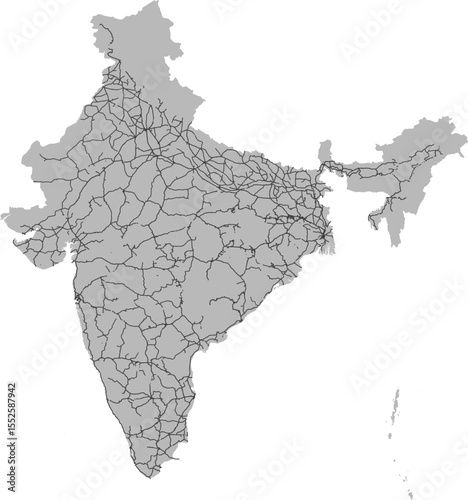 India vector map of the railway network with country boundary (Web Mercator projection, PPT-compatible & fully editable)