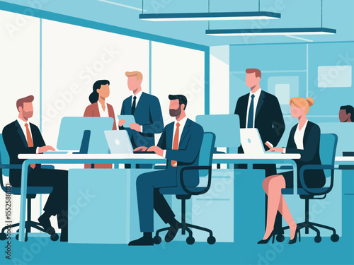 Business office concept, vector cartoon illustration, business people collaborate with each other, daily work and office scenes, men and women wearing suits holding meetings to discuss problems, and c