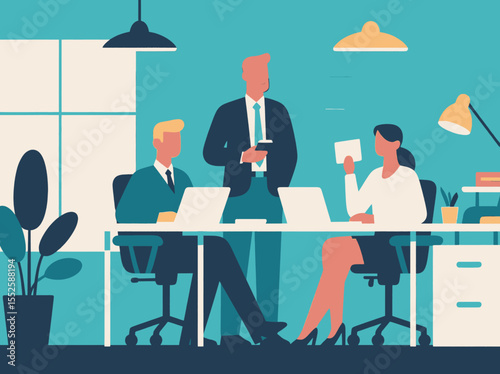Business office concept, vector cartoon illustration, business people collaborate with each other, daily work and office scenes, men and women wearing suits holding meetings to discuss problems, and c