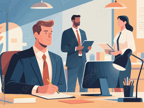 Business office concept, vector cartoon illustration, business people collaborate with each other, daily work and office scenes, men and women wearing suits holding meetings to discuss problems, and c