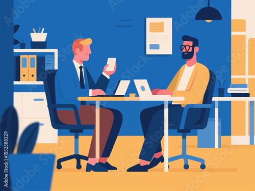 Business office concept, vector cartoon illustration, business people collaborate with each other, daily work and office scenes, men and women wearing suits holding meetings to discuss problems, and c