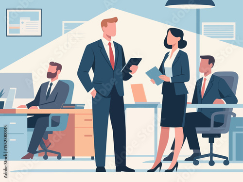 Business office concept, vector cartoon illustration, business people collaborate with each other, daily work and office scenes, men and women wearing suits holding meetings to discuss problems, and c