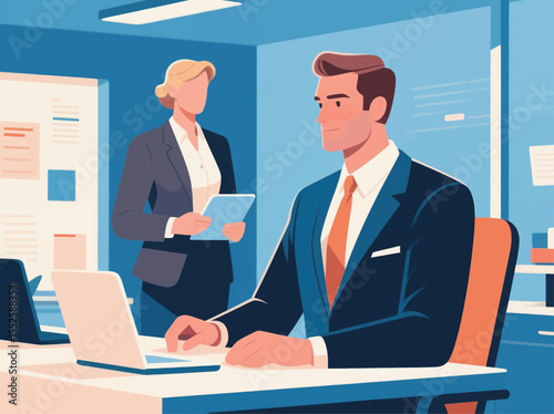 Business office concept, vector cartoon illustration, business people collaborate with each other, daily work and office scenes, men and women wearing suits holding meetings to discuss problems, and c
