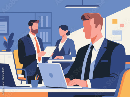 Business office concept, vector cartoon illustration, business people collaborate with each other, daily work and office scenes, men and women wearing suits holding meetings to discuss problems, and c