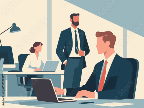 Business office concept, vector cartoon illustration, business people collaborate with each other, daily work and office scenes, men and women wearing suits holding meetings to discuss problems, and c
