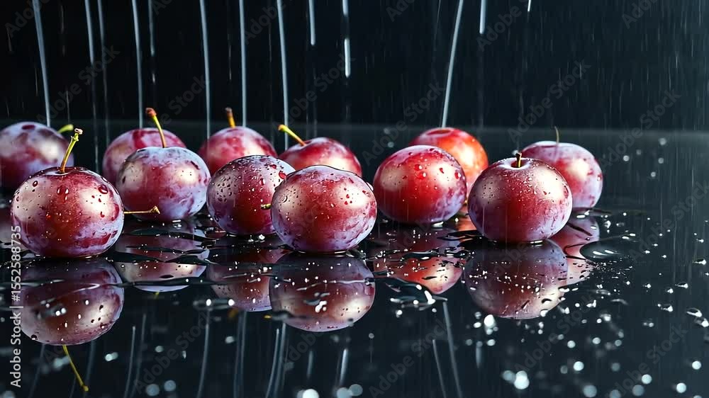Freshly washed red plums glistening under water droplets on a reflective surface