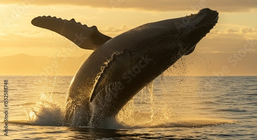 Humpback whale breach sunset photo