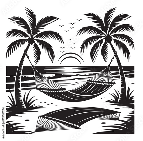 Hammock Between Palm Trees on Tropical Beach at Sunset – Vector Art