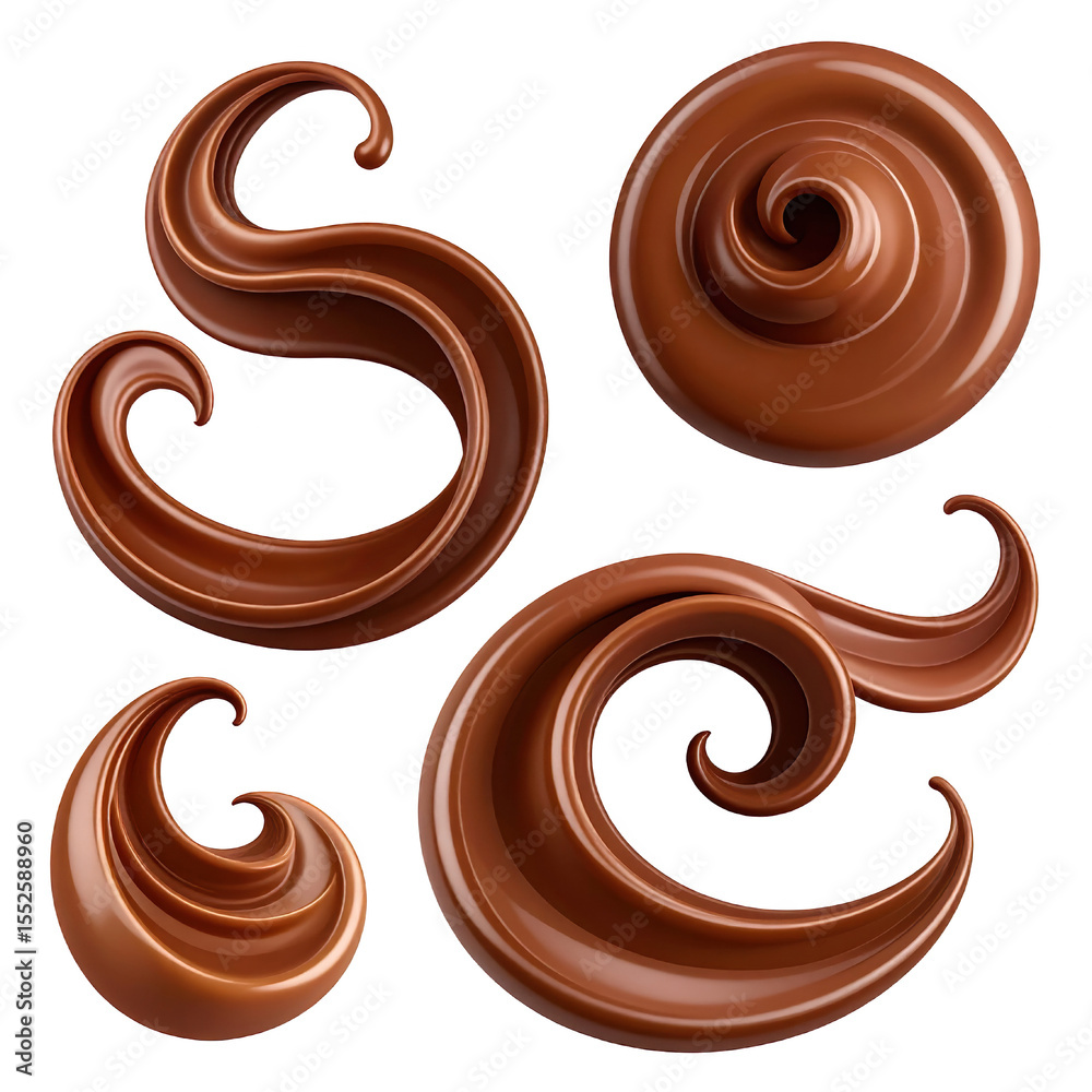 Swirls of rich, glossy chocolate in various shapes. cut out. transparent background Swirls of rich, glossy chocolate in various shapes. cut out. transparent background