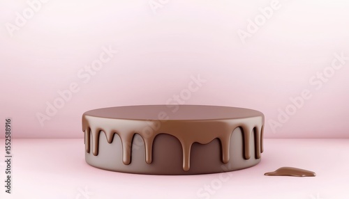 A round chocolate cake with smooth chocolate glaze dripping down the sides on a pale pink surface with a small chocolate drip beside it.
