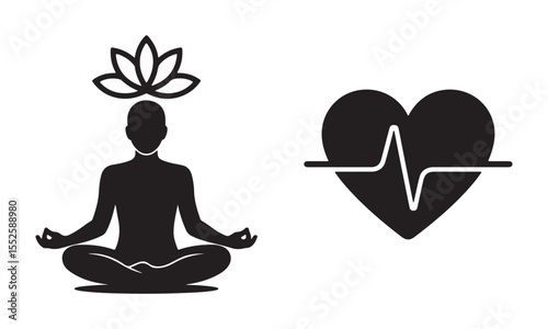 Silhouette of a person meditating with a lotus flower above their head and a heart with a heartbeat line