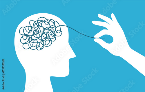 Help tangled minds. Hand unravel disorder mental threads of human head, treatment anxiety mind obsessive brain psychology counseling, vector illustration of mental psychotherapy