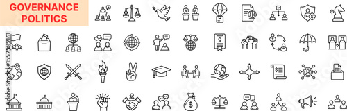 Governance Politics Line Icon Design Featuring Voting, Government, Law Scales, Peace Symbols, Diplomacy, Ballot Box, Constitution, Rights, Parliament, and Civic Leadership