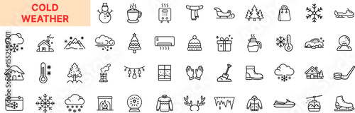 Cold Weather Line Icon Design Featuring Snowflakes, Winter Clothing, Thermometer, Snowfall, Ice Skating, Hot Drinks, Mittens, Fireplaces, Snowman, and Seasonal Activities