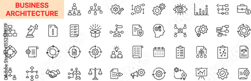 Business Architecture Line Icon Design Featuring Organizational Charts, Process Gears, Strategy Documents, Data Flow, Team Structures, Legal Balance, Insight Vision, Planning Files, and KPI Boards