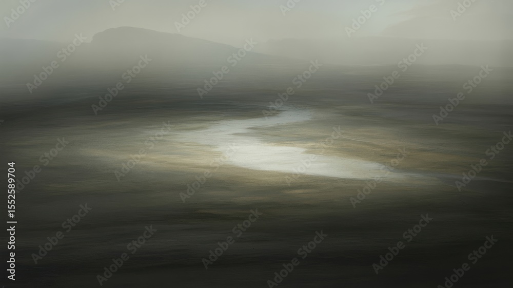 Obraz premium Misty mountain landscape with a winding river catching the light in a serene natural scene