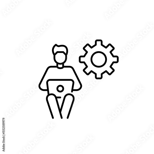 Man sitting working or studying at laptop and cogwheel. Account management, workflow optimization, admin control panel, digital workspace settings, user interface customization. Pixel perfect, editabl