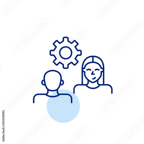 Man and woman on interview or conversation and cogwheel. Collaborative settings, communication management, interview configuration, dialogue optimization, user interaction control. Pixel perfect, edit