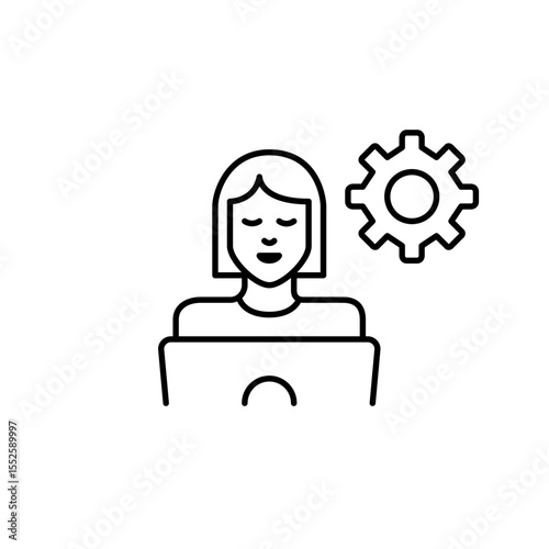 Woman working at laptop and cogwheel symbol. User settings, personalized workspace, female user configuration, system customization, productivity tools. Pixel perfect, editable stroke vector icon