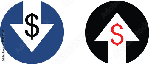 Cost decrease or increase icon. Downward vs upward dollar signs.