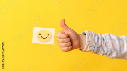 Child's hand giving thumbs-up, beside smiley face