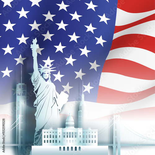 Travel landmark anniversary America day with silhouette architecture background, America republic day anniversary celebration and tour architecture landmarks USA with panoramic view popular capital.