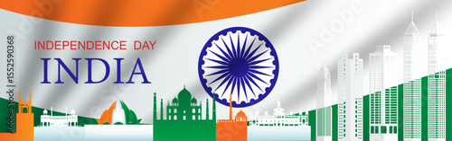 Anniversary and celebration Happy independence day of India in national flag background.  Travel landmarks architecture of Indian. Tour landmarks India in new delhi in paper art style.