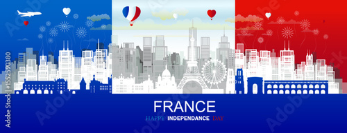 Travel landmark anniversary France day with silhouette architecture background, french republic day anniversary celebration and tour architecture landmarks France with panoramic view popular capital.