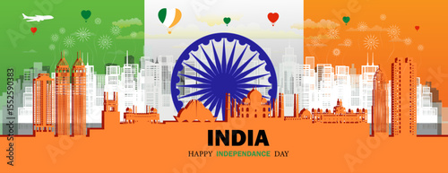 Travel landmarks anniversary India day with silhouette architecture background, India republic day anniversary celebration and tour architecture landmark to India with panoramic view popular capital.