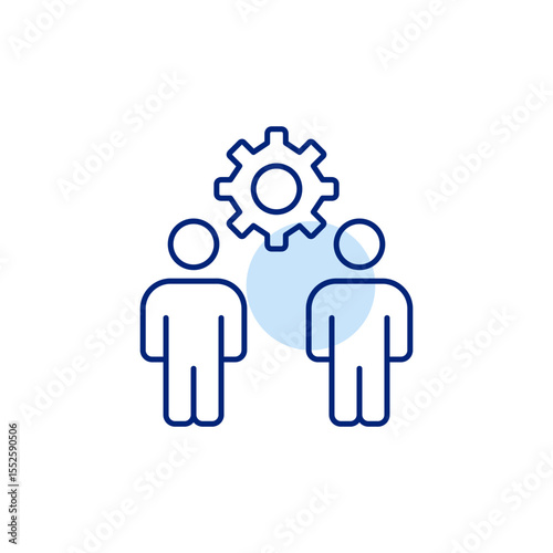 Two people and cogwheel. Shared settings, team configuration, collaborative management, user permissions, multi-user control. Pixel perfect, editable stroke vector icon