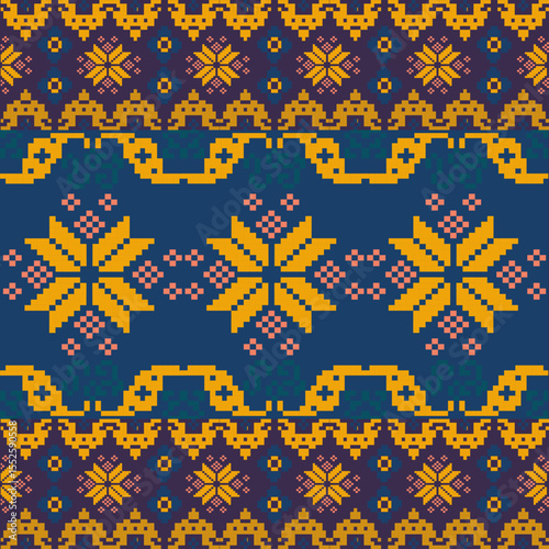 Traditional Ukrainian cross-stitch Detailed vector Illustration for textile printing design, on pixels bule tones