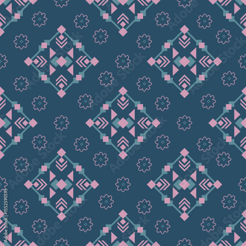 Traditional Ukrainian cross-stitch Detailed vector Illustration for textile printing design, on pixels bule tones