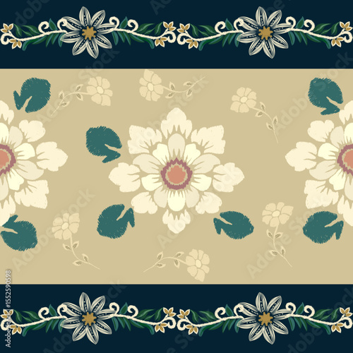 Ikat seamless floral pattern on yellow blue tone , Motif ethnic floral seamless textil, embroidery, print striped ornament floral, pattern, design for wrapping, silk, scarf, background, text