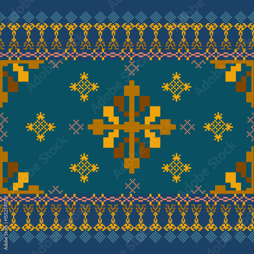 Traditional Ukrainian cross-stitch Detailed vector Illustration for textile printing design, on pixels bule tones