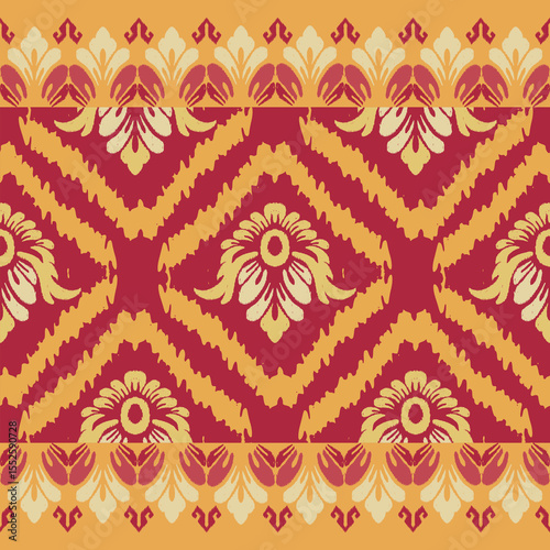 Ikat seamless floral pattern on yellow blue tone , Motif ethnic floral seamless textil, embroidery, print striped ornament floral, pattern, design for wrapping, silk, scarf, background, text