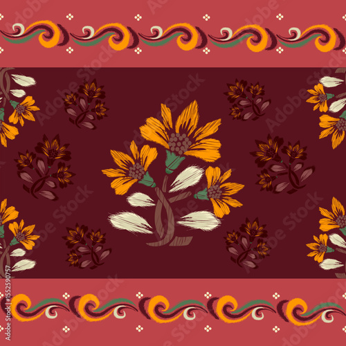Ikat seamless floral pattern on yellow blue tone , Motif ethnic floral seamless textil, embroidery, print striped ornament floral, pattern, design for wrapping, silk, scarf, background, text