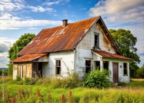 Wallpaper Mural Abandoned farmhouse with a rusted roof and peeling paint stands alone on a pristine white background Torontodigital.ca