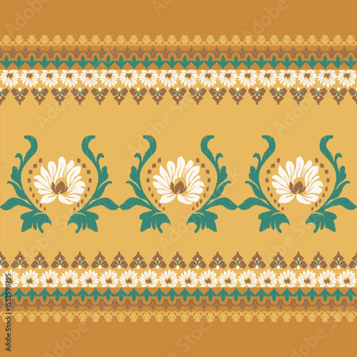  Ikat seamless floral pattern on yellow  tone , Motif ethnic floral seamless textil, embroidery, print striped ornament floral, pattern, design for wrapping, silk, scarf, background, text