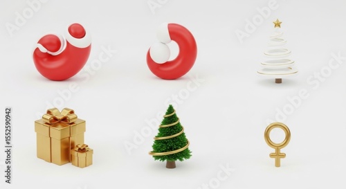 Collection of festive Christmas holiday symbols and ornaments rendered in 3D on a plain white background