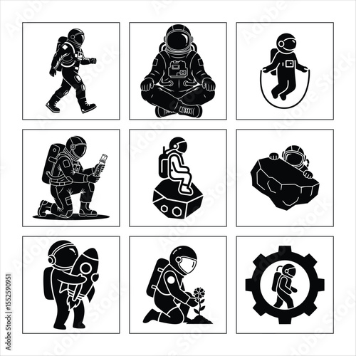 Astronaut Icon Set Black And White Illustrations Exploring Space Activities And Technology Integration In Vector Format