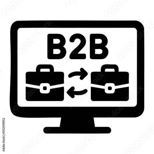 A black and white monitor displaying b2b with briefcase icons and arrows indicating exchange on transparent background