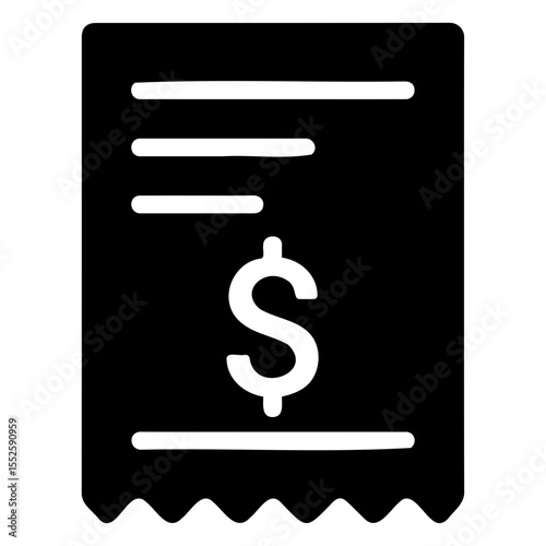 A black and white icon of a receipt with a dollar sign and horizontal lines on top part on transparent background