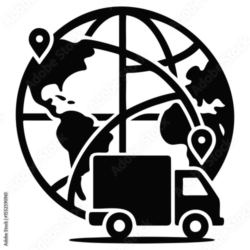 A black and white illustration of a truck in front of a globe with location pins around it on transparent background