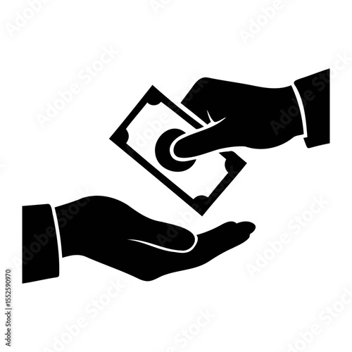 Illustration of a hand giving a bill to another hand in black and white simple design style on transparent background