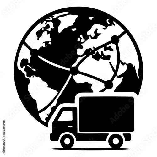 Black and white graphic of a truck in front of a globe with connected network lines around it on transparent background