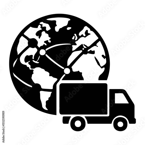 Black and white delivery truck with a globe depicting global logistics network delivery on transparent background